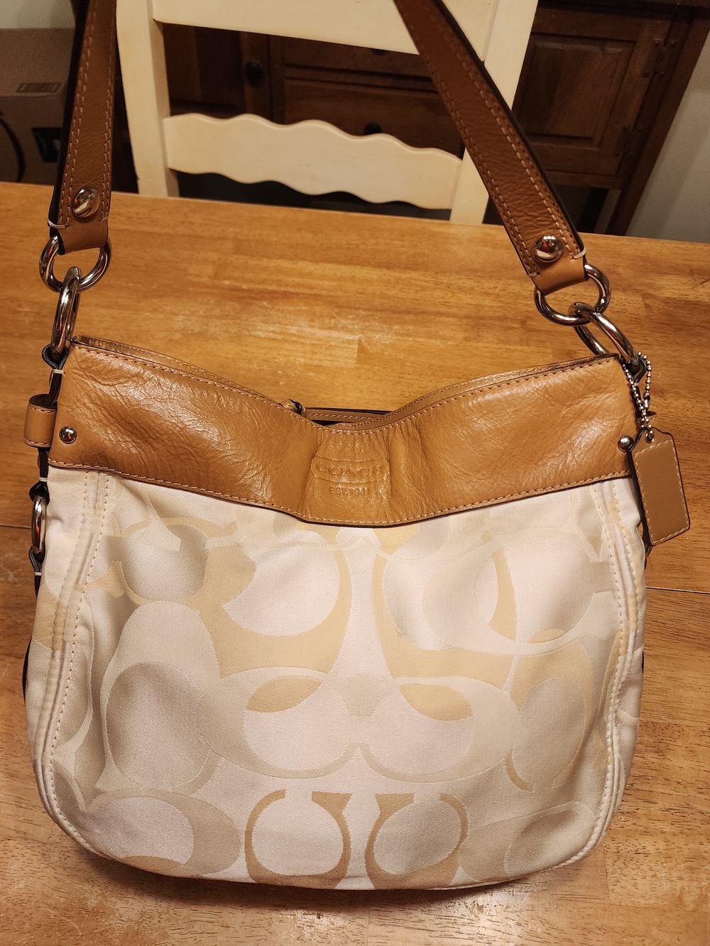 cream and tan Coach Optic Signature Zoe Hobo shoulder bag sateen canvad